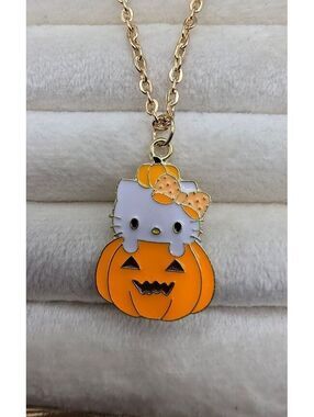 Hello Kitty Pumpkin Halloween Pendant Necklace Gold Tone